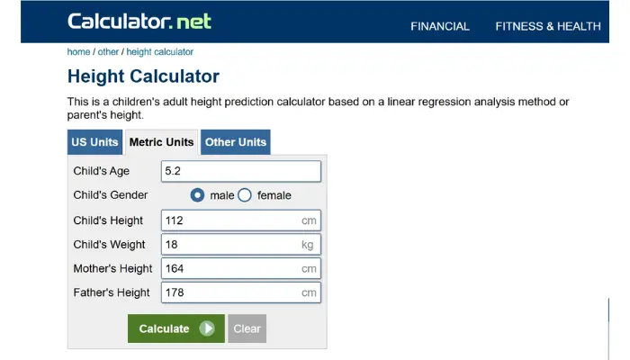 calculadora de altura do filho de calculatornet