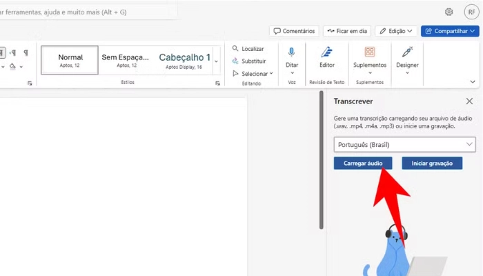 carregar audio para word