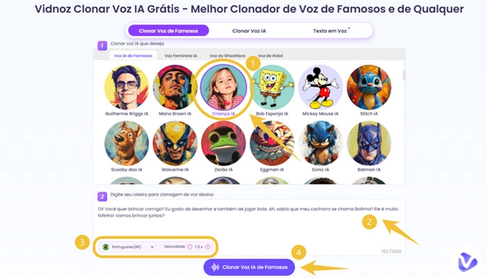 clonar voz de criança ia com vidnoz ai