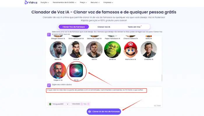 clone voz da siri com vidnoz