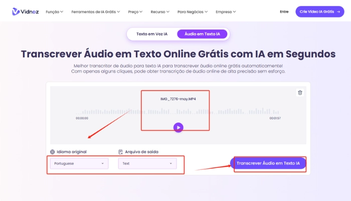 como converter audio em texto com vidnoz