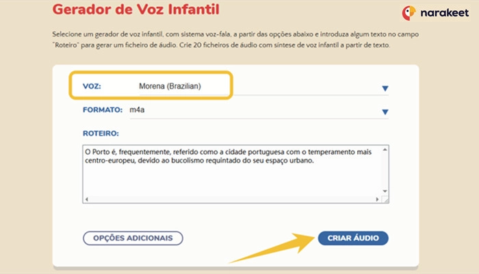 como criar voz infantil ia com narakeet