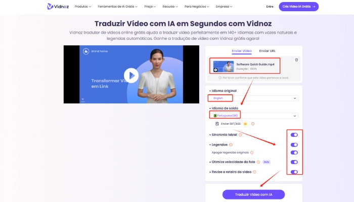 como traduzir video para portugues com vidnoz