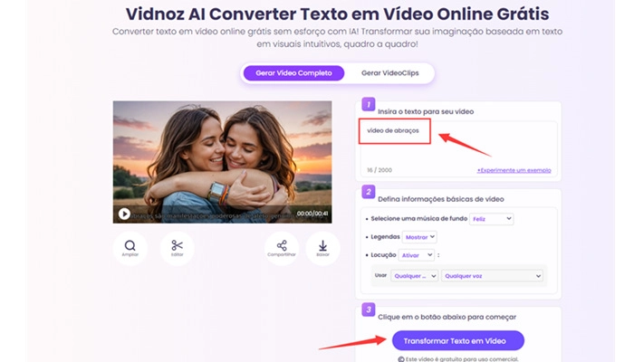 converter texto em vídeo de abraços