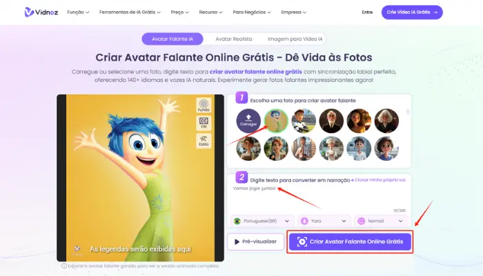 criar avatar falante de divertida mente com vidnoz