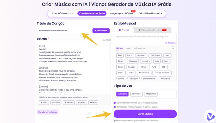 criar m&uacute;sicas folcl&oacute;ricas brasileiras com vidnoz