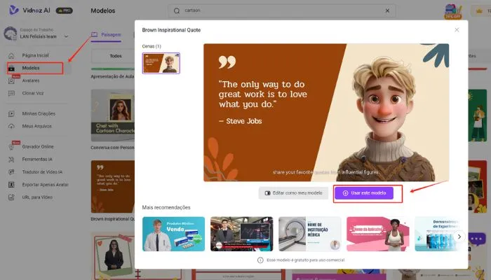 encontre um modelo para criar video no vidnoz ai