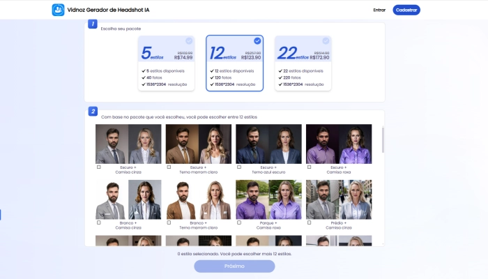 escolha um pacote no aplicativo vidnoz ai gerador de headshot