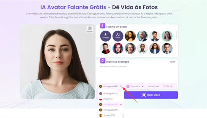 escolher idioma avatar falante Vidnoz AI