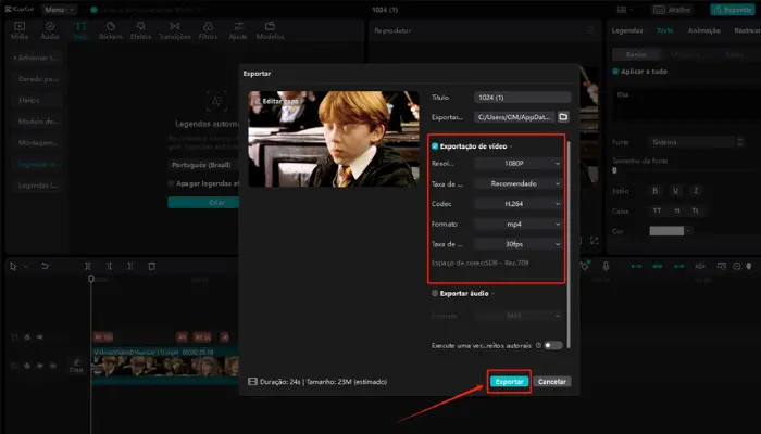 exporte o vídeo com capcut