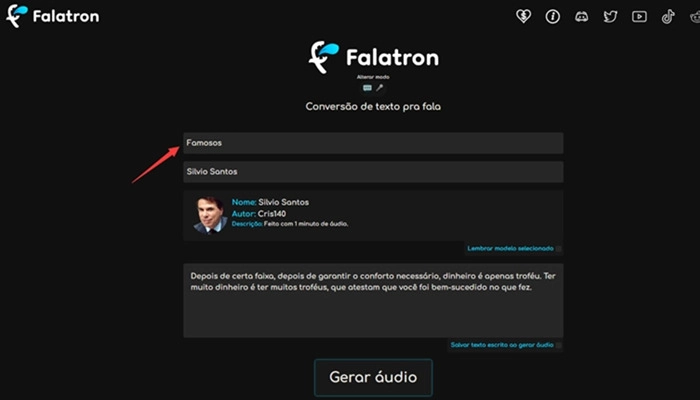 falatron texto em voz de famosos