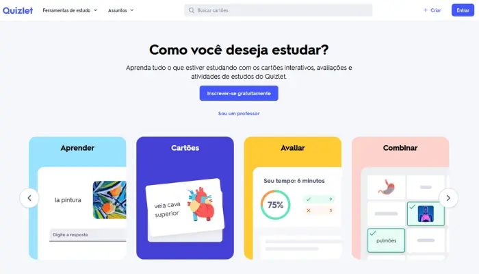 fazer flashcards com quizlet