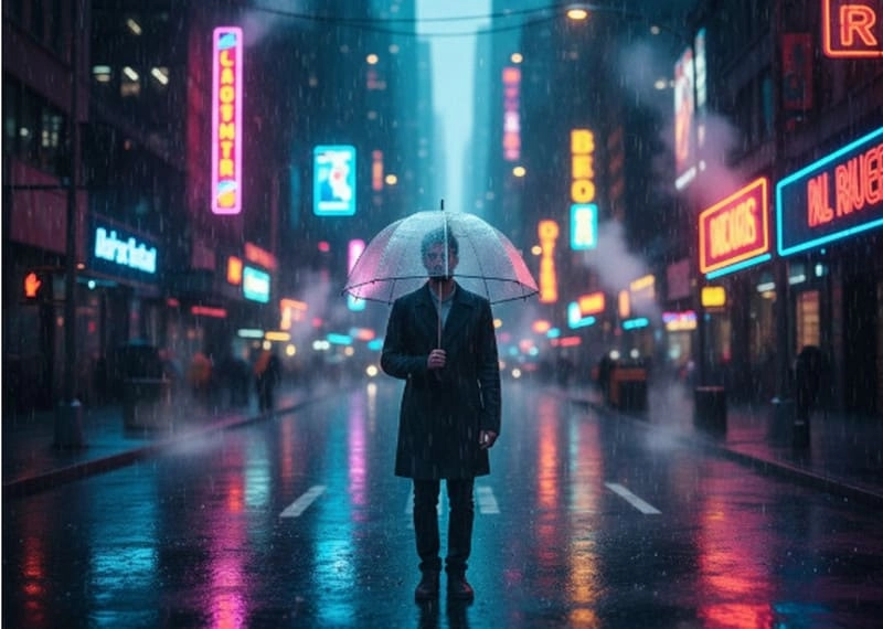 gemini Retrato em Cidade Chuvosa com Guarda Chuva e Neon