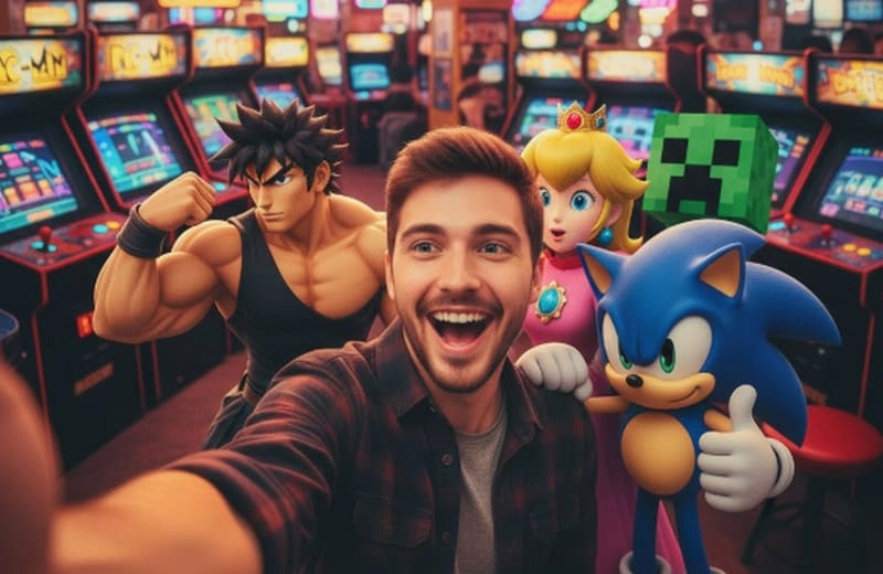 gemini selfie retro com personagens de arcade