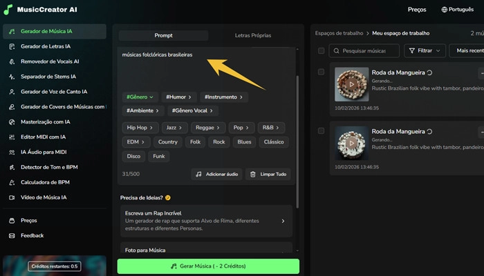 m&uacute;sicas folcl&oacute;ricas brasileiras com music creator ai