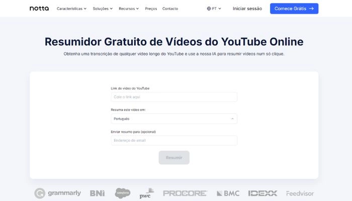 notta para resumir videos do youtube gratis