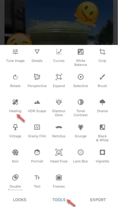 passos de eliminar emojis de fotos com snapseed