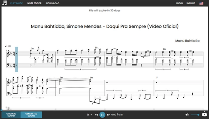 piano2notes gerar partitura automaticamente