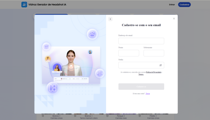 registrar-se na conta de vidnoz gerador de headshot ia