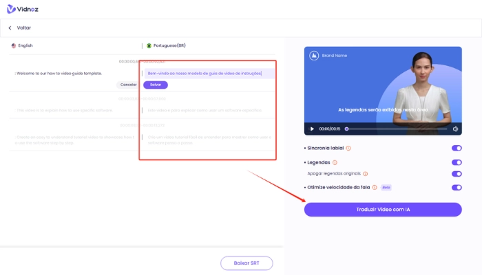 revisar e traduzir legenda de video para portugues com vidnoz