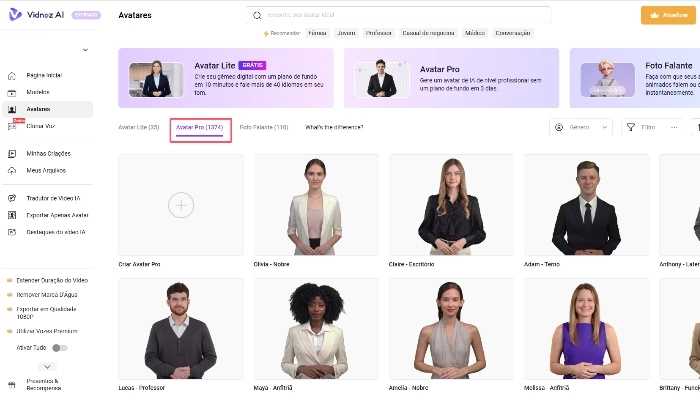 selecionar de avatar pro de vidnoz ai