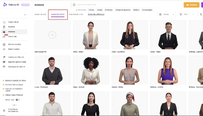 selecionar de vidnoz ai avatar pro