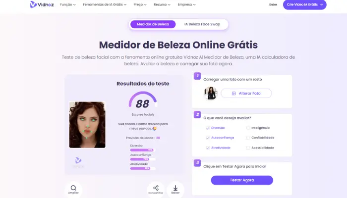 teste com medidor de beleza de vidnoz