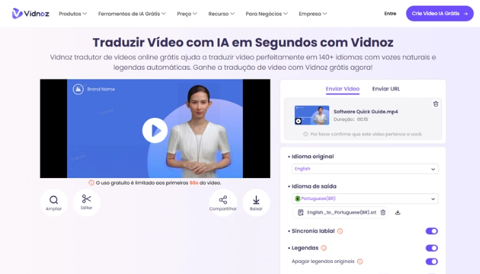 traduzir video para portugues online gratis com vidnoz