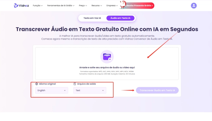 transcrever audio em texto vidnoz