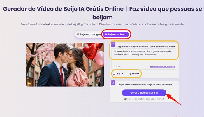transformar texto em vídeo de beijo ia com vidnoz
