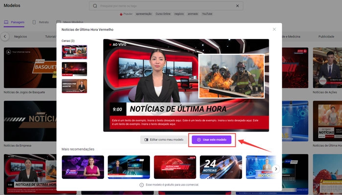 usar modelo de notícia para criar vídeo