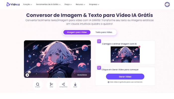 vidnoz para transformar imagem de anime em video