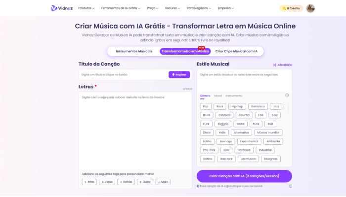 vidnoz transformar letra em musica ia