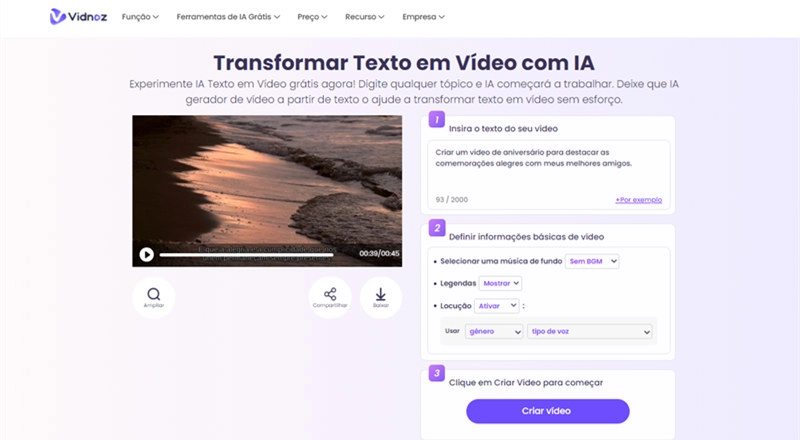 Vidnoz-transformar texto em vídeo ia